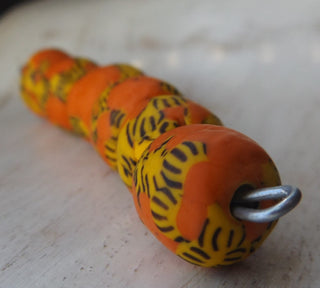 Sand Cast African Recycled Rounded Designed Glass (Orange with Yellow and Black).   *6 Beads