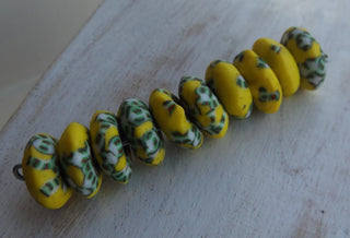 African Recycled Glass (Okata Beads)  *Yellow with White/black/green accents  (15mm Diam Size)  *10 Beads