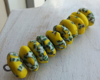 African Recycled Glass (Okata Beads)  *Yellow with White/black/green accents  (15mm Diam Size)  *10 Beads