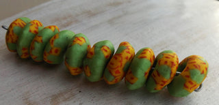 African Recycled Glass (Okata Beads)  *Green with Yellow and Red Accents  (15mm Diam Size)  *10 Beads