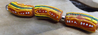 African Hand Painted Glass Tube Beads (Deep Sand with Yellow, Green and Orange Stripes)  *3 beads