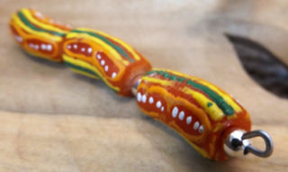 African Hand Painted Glass Tube Beads (Deep Sand with Yellow, Green and Orange Stripes)  *3 beads
