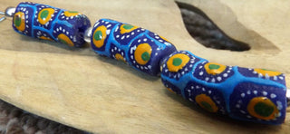 African Hand Painted Glass Tube Beads (Blue with Blue, Yellow, Green and White)  *3 beads