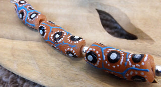 African Hand Painted Glass Tube Beads (Sand with White, Black and Blue)  *3 beads