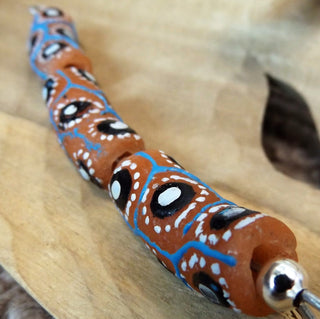 African Hand Painted Glass Tube Beads (Sand with White, Black and Blue)  *3 beads