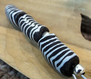 African Hand Painted Glass Tube Beads (Black and White Zebra Stripes)  *3 beads