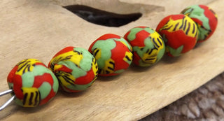 Sand Cast African Recycled Rounded Designed Glass (Red, Green and Yellow).   *6 Beads