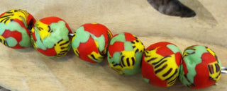 Sand Cast African Recycled Rounded Designed Glass (Red, Green and Yellow).   *6 Beads