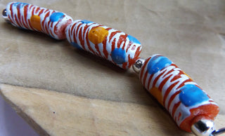 African Hand Painted Glass Tube Beads (Deep Sand Color with White.  Blue and Yellow Dots)  *3 beads