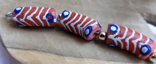 African Hand Painted Glass Tube Beads (Deep Sand Color with White Zebra Strips and Blue/White Dots)  *3 beads