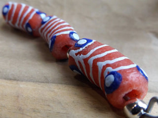 African Hand Painted Glass Tube Beads (Deep Sand Color with White Zebra Strips and Blue/White Dots)  *3 beads