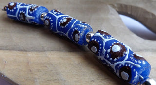 African Hand Painted Glass Tube Beads (Blue with White and Deep Ruddy Red)  *3 beads