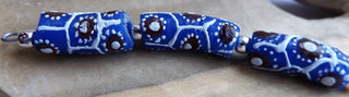 African Hand Painted Glass Tube Beads (Blue with White and Deep Ruddy Red)  *3 beads