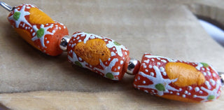African Hand Painted Glass Tube Beads (Orangy With White, Yellow and splash of Green)  *3 beads