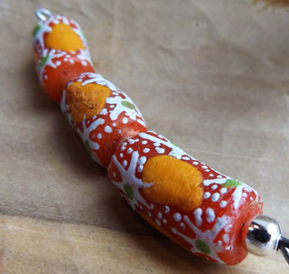African Hand Painted Glass Tube Beads (Orangy With White, Yellow and splash of Green)  *3 beads