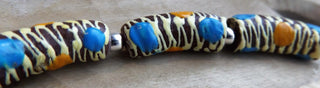 African Hand Painted Glass Tube Beads (Brown with Yellow Zebra Stripes and Blue/Yellow Dots)  *3 beads