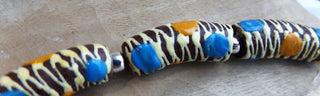 African Hand Painted Glass Tube Beads (Brown with Yellow Zebra Stripes and Blue/Yellow Dots)  *3 beads