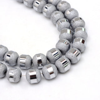 Electroplate Glass Beads, Frosted.  Grey with Silver Color Band.  8mm (approx 70 Beads)