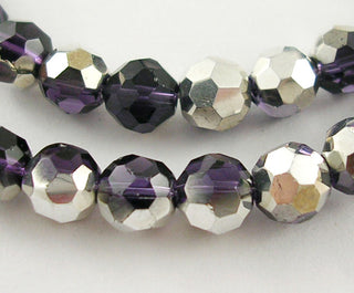 Faceted Round Glass Beads, Deep purple, Plated With Silver, Beads: 6mm in diameter, hole: 1mm, about 50 beads/strand