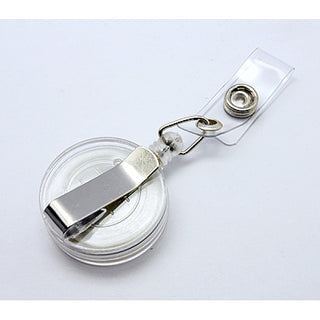 Plastic Retractable Badge Reel, Card Holders, with Iron Findings, Round, White, Size: about 32mm wide, 80mm long, 15mm thick.   *Sold Individually.