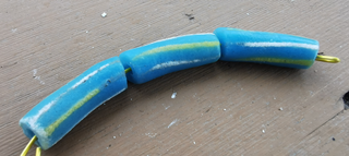 Sand Cast African Recycled Glass (Sky Blue Barrel with White and Yellow Lines)   *3 Beads
