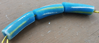 Sand Cast African Recycled Glass (Sky Blue Barrel with White and Yellow Lines)   *3 Beads
