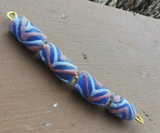 African Hand Painted Glass Tube Beads (Blue with Peach and White Chevron)  *4 beads