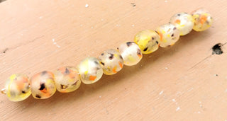 Recycled Glass Round Beads (Bodum) (Clear with Hues of Yellow Orange and Black Specks) *8 Beads.   approx 10mm