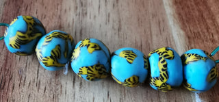 Sand Cast African Recycled Rounded Designed Glass (Sky Blue, Yellow and Black).   *6 Beads