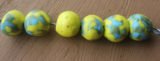 Sand Cast African Recycled Glass Rounds  (Yellow, Soft Blue and Green Multi) * 6 Beads