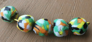 Sand Cast African Recycled Glass Rounds  (White/ Green/ Orange/ Yellow and Black Multi) * 5 Beads