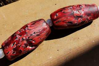 Sand Cast African Recycled Glass (Swirls of Reds / White)   *2 Beads