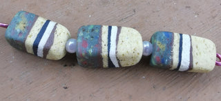 Sand Cast African Recycled Cuboid Glass (Green / Yellow with Stripes)   *3 Beads