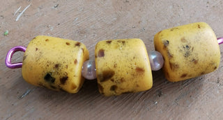 African Sand Cast Barrell Bead (3 Beads)  approx 20 x 13mm *Yellow with  brown specs