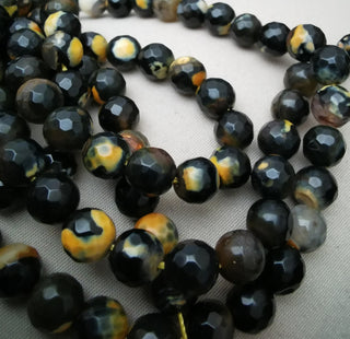 Agate (8 mm Size Faceted Rounds) Fire Agate in Black and Deep Yellow-Orange  (16" strand)