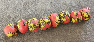 Recycled Glass Round Beads (Sand Cast) (Red, Black and Yellow)  Approx 10mm *8 Beads