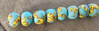 Recycled Glass Round Beads (Sand Cast) (Pale Blue, Yellow with touches of Red and Green)  Approx 10mm *8 Beads