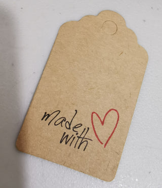Paper Hanging Gift Tags.  Printed with:  "Made with Love".  5 x 3 cm size with Hole. (Packed 100) *See Drop Down For Styles