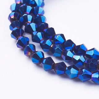 Bicone.  Electroplate Glass Beads Strands, Faceted, Blue, 4x4mm, Hole: 1mm; about 104pcs/strand