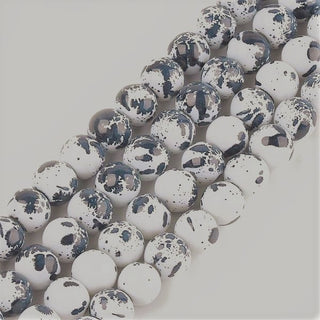 Glass (8mm) Round  White with Grey Splatter  (approx 53 Beads per 16" Strand)