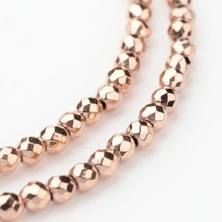 Hematite Smooth Beads Strands, Faceted Round, Rose Gold Plated, 3mm, Hole: 1mm, about 135pcs/strand