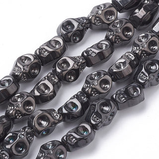 Electroplate Glass Beads Strands, Skull, Gunmetal Plated, 10x8x6.5mm, Hole: 1mm.  (20 Skulls/ Strand)