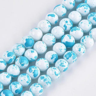 Glass (8mm) Round  White with Medium Blue Splatter  (approx 53 Beads per 16" Strand)