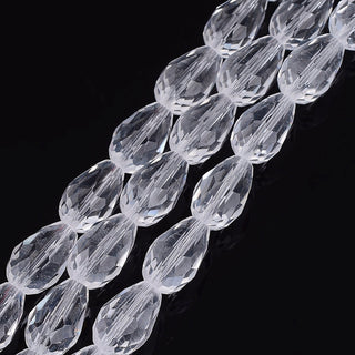 Glass Beads Strands, Faceted, teardrop, Clear, 15x10mm, Hole: 2mm, *Approx 50 Beads.