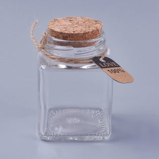 Glass Bottle w/ Cork.  8 x 5.5cm.  100ml.  Clear/ Square.  w/ Label and Tie.   *Sold Individually.