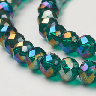 Electroplate Glass Faceted Abacus Beads Strands, Half Plated, (Green with AB Finish), 10x8mm, Hole: 1mm