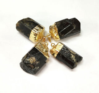 Golden Tone Brass Tourmaline Pendant, Black, 26~46x16~28x11~25mm, Hole: 5x7mm.  Sold Individually.