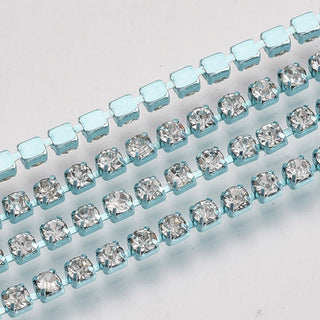 Electrophoresis Brass Rhinestone Strass Chains, Rhinestone Cup Chains,  Light Turquoise, 2mm;  (Sold by the Foot)