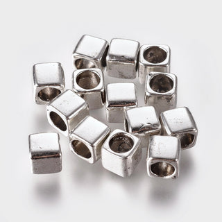Tibetan Style European Beads, Large Hole Beads, Cube, Antique Silver, *6mm.  hole: 4m (Packed 25 Beads)m.