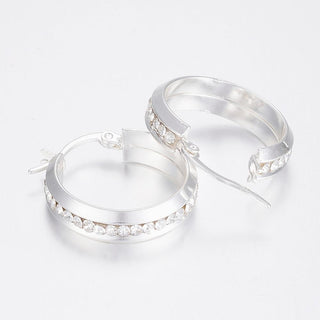304 Stainless Steel Hoop Earrings, with Rhinestone, Silver Color Plated, 24.5x23x6mm, Pin: 1x0.8mm.  (H332)